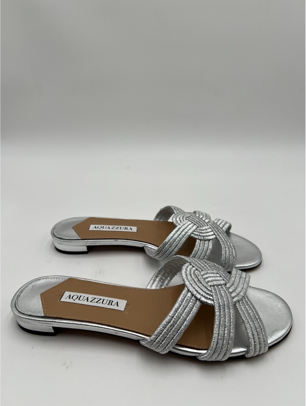 Aquazzura Felix sandals in silver metallic interwoven strap fabric Size 36